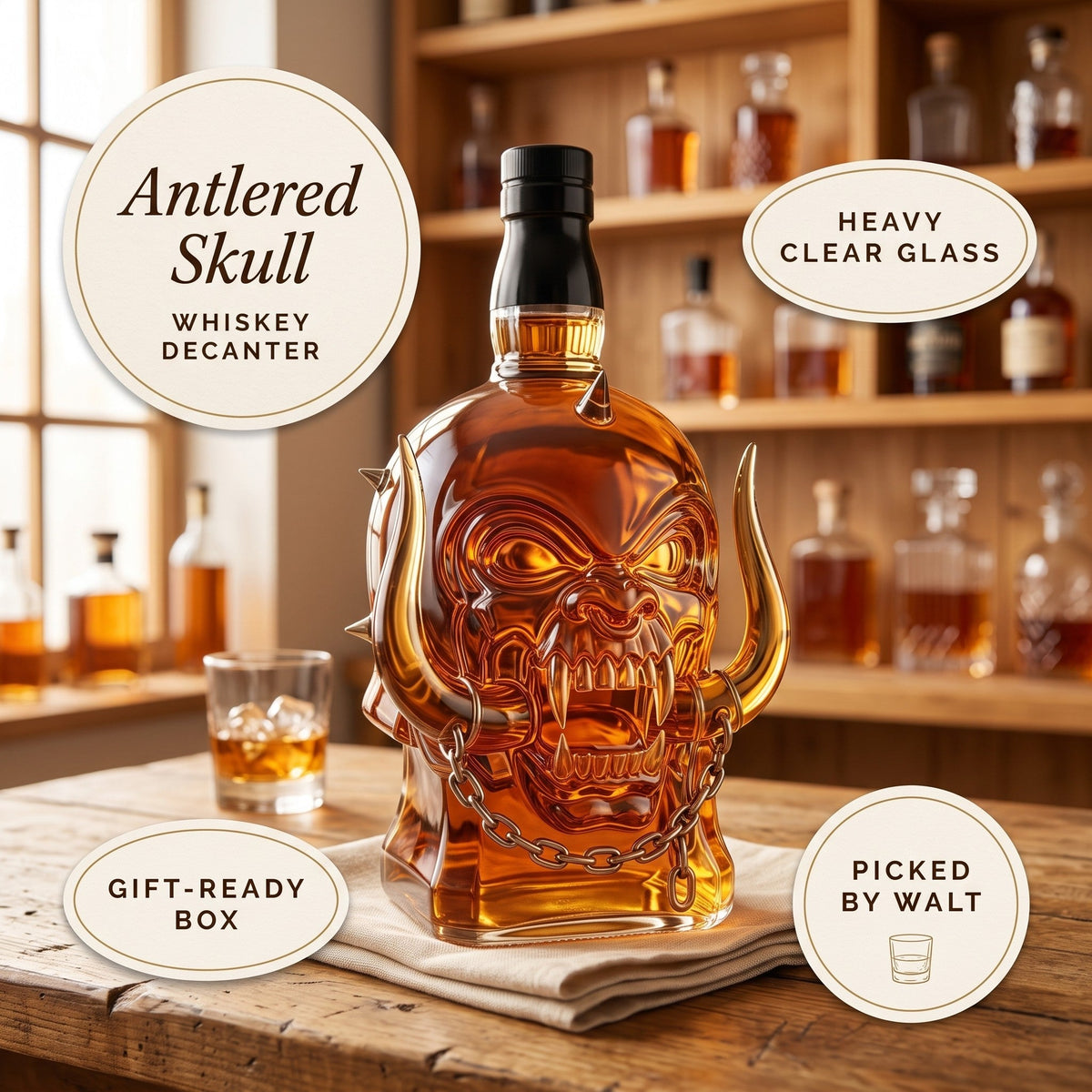 Whiskey Decanter – Antlered Skull
